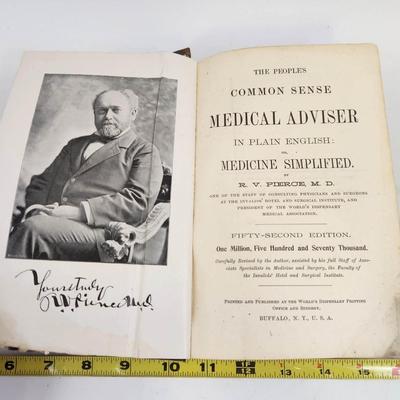 1895 THE PEOPLES COMMON SENSE MEDICAL ADVISOR IN PLAIN ENGLISH BY RV PIERCE MD - SIGNED BY AUTHOR - HARDBACK BOOK