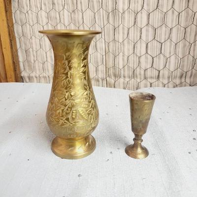 2 ORNATE ETCHED BRASS VASES
