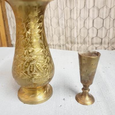 2 ORNATE ETCHED BRASS VASES