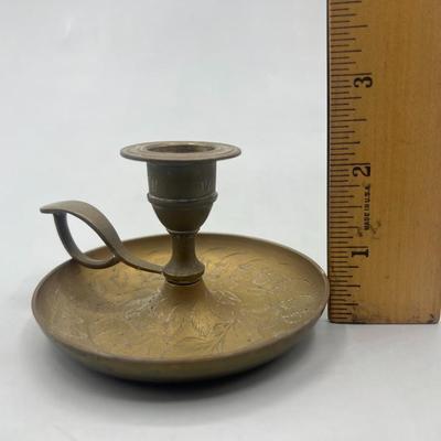 Vintage Solid Brass Candlestick Chamberstick Holder Finger Loop Handle Candle Drip Tray India