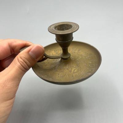 Vintage Solid Brass Candlestick Chamberstick Holder Finger Loop Handle Candle Drip Tray India