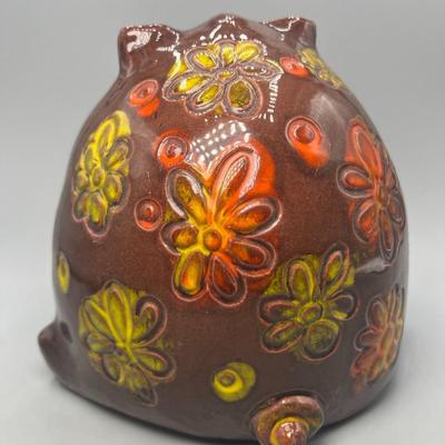 1970 B Welsh Pig Piggy Bank Pacific Stoneware Midcentury Figurine Pottery Brown w Orange & Yellow Flowers