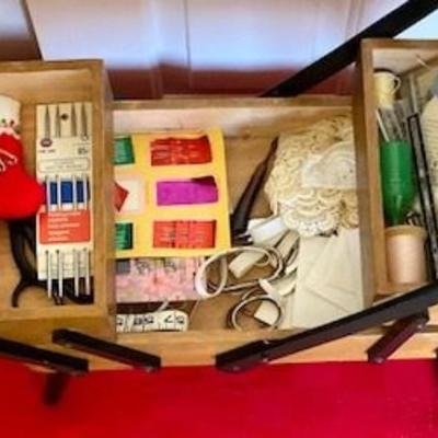 Vintage Wooden Accordion Style Sewing Box With Sewing Supplies