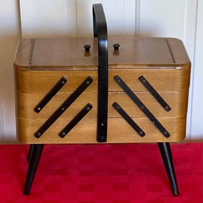Vintage Wooden Accordion Style Sewing Box With Sewing Supplies