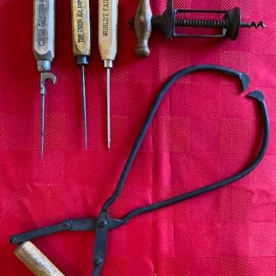 Vintage Ice Block Tongs, Three Ice Picks and Corkscrew
