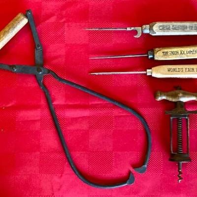 Vintage Ice Block Tongs, Three Ice Picks and Corkscrew