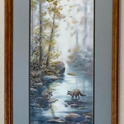 Jo Butler Original Watercolor Raccoons In The Creek