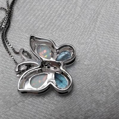 Opal, Aquamarine and Diamond Accent Butterfly 18" 925 Necklace