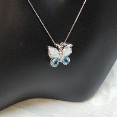 Opal, Aquamarine and Diamond Accent Butterfly 18" 925 Necklace