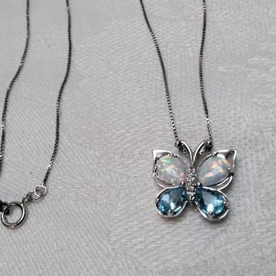 Opal, Aquamarine and Diamond Accent Butterfly 18" 925 Necklace