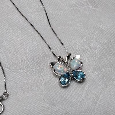 Opal, Aquamarine and Diamond Accent Butterfly 18" 925 Necklace