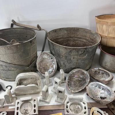 Galvanized farm picking  buckets 1950s porcelain bathroom fixtures