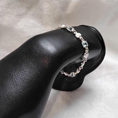 Aquamarine With FW Pearl Accents 7"  925 Bracelet