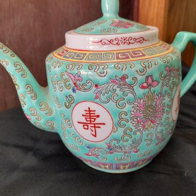 Antique Chinese Turquoise Famille Rose Porcelain Teapot Pottery with matching rice bowl