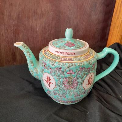 Antique Chinese Turquoise Famille Rose Porcelain Teapot Pottery with matching rice bowl