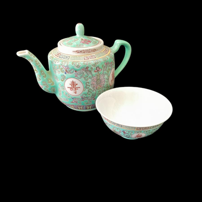 Antique Chinese Turquoise Famille Rose Porcelain Teapot Pottery with matching rice bowl
