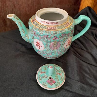 Antique Chinese Turquoise Famille Rose Porcelain Teapot Pottery with matching rice bowl