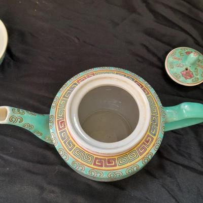 Antique Chinese Turquoise Famille Rose Porcelain Teapot Pottery with matching rice bowl