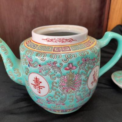 Antique Chinese Turquoise Famille Rose Porcelain Teapot Pottery with matching rice bowl