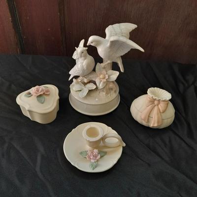 Porcelain dove musical figure with two porcelain ENESCO ring boxes and a candle holder