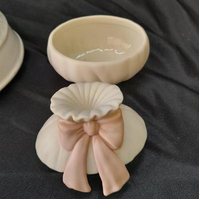 Porcelain dove musical figure with two porcelain ENESCO ring boxes and a candle holder