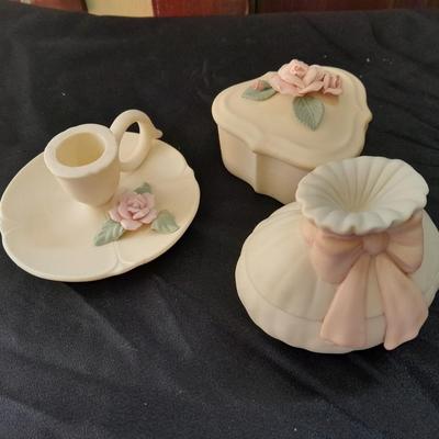 Porcelain dove musical figure with two porcelain ENESCO ring boxes and a candle holder