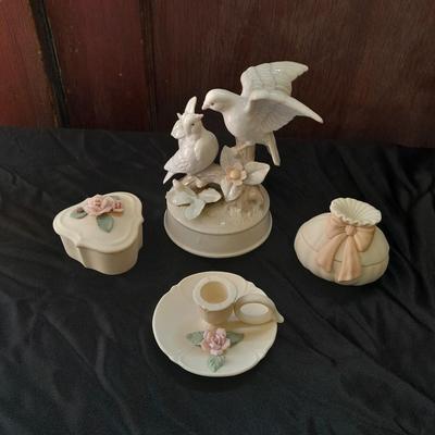 Porcelain dove musical figure with two porcelain ENESCO ring boxes and a candle holder