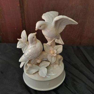 Porcelain dove musical figure with two porcelain ENESCO ring boxes and a candle holder