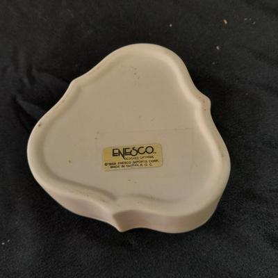 Porcelain dove musical figure with two porcelain ENESCO ring boxes and a candle holder