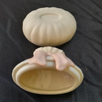 Porcelain dove musical figure with two porcelain ENESCO ring boxes and a candle holder