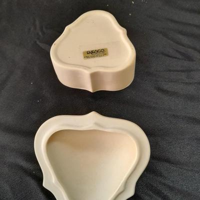 Porcelain dove musical figure with two porcelain ENESCO ring boxes and a candle holder