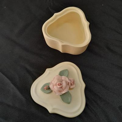 Porcelain dove musical figure with two porcelain ENESCO ring boxes and a candle holder