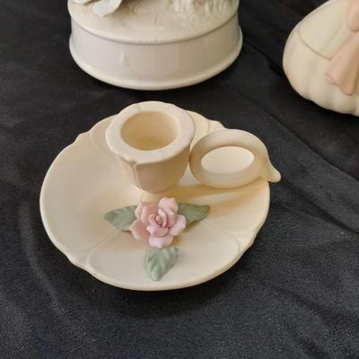 Porcelain dove musical figure with two porcelain ENESCO ring boxes and a candle holder