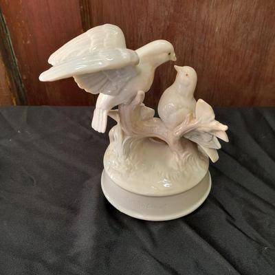 Porcelain dove musical figure with two porcelain ENESCO ring boxes and a candle holder