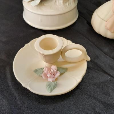 Porcelain dove musical figure with two porcelain ENESCO ring boxes and a candle holder