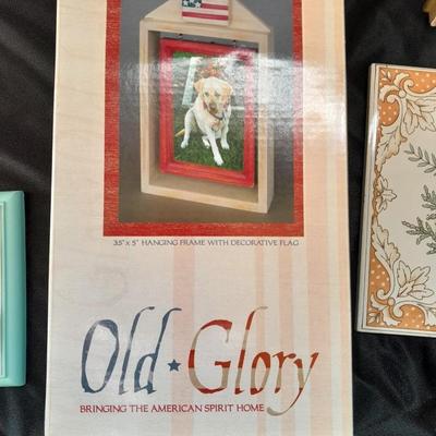 Friendship faux book, floral trivet, old glory picture frame and small wall hanging
