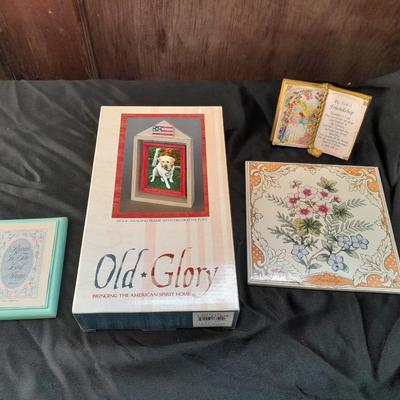 Friendship faux book, floral trivet, old glory picture frame and small wall hanging