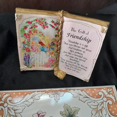 Friendship faux book, floral trivet, old glory picture frame and small wall hanging