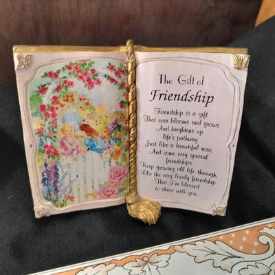 Friendship faux book, floral trivet, old glory picture frame and small wall hanging