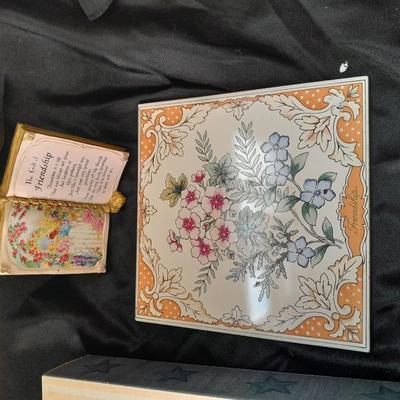 Friendship faux book, floral trivet, old glory picture frame and small wall hanging