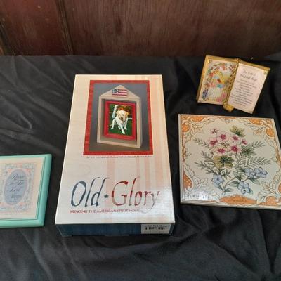 Friendship faux book, floral trivet, old glory picture frame and small wall hanging