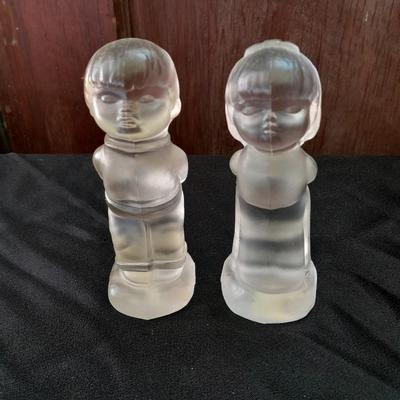 Antique FENTON clear glass boy & girl figures with vintage mirrored stand and clear glass ice skater