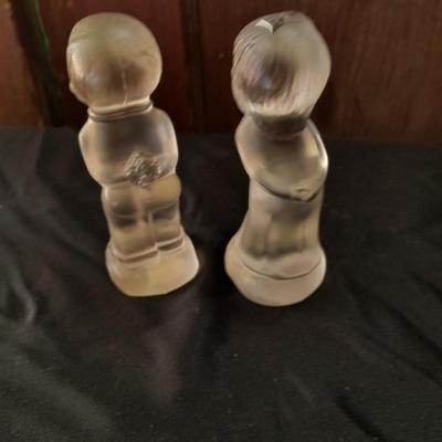 Antique FENTON clear glass boy & girl figures with vintage mirrored stand and clear glass ice skater