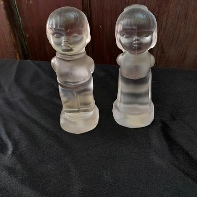 Antique FENTON clear glass boy & girl figures with vintage mirrored stand and clear glass ice skater