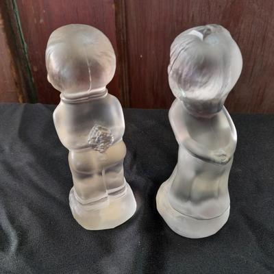 Antique FENTON clear glass boy & girl figures with vintage mirrored stand and clear glass ice skater