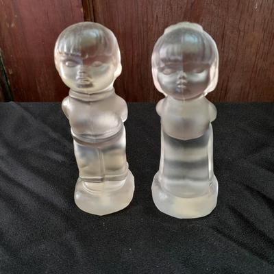 Antique FENTON clear glass boy & girl figures with vintage mirrored stand and clear glass ice skater