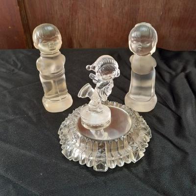 Antique FENTON clear glass boy & girl figures with vintage mirrored stand and clear glass ice skater