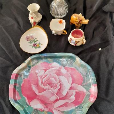 Small China collectables and small tin platter