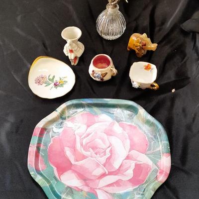 Small China collectables and small tin platter
