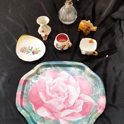 Small China collectables and small tin platter
